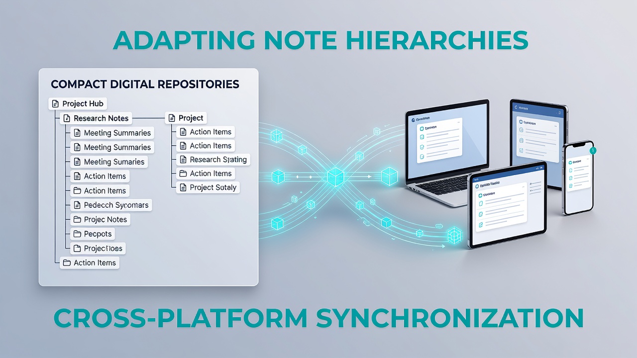 Technical diagram showing synchronization flow and hierarchy merging between compact repositories on varied devices